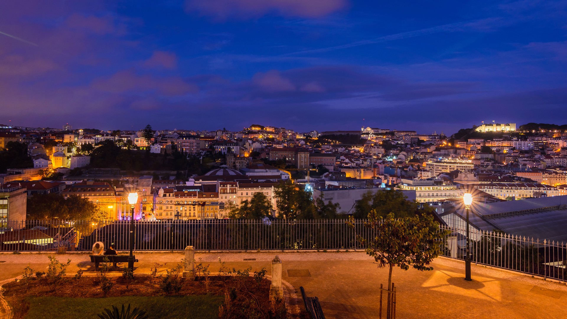 View of Lisbon illuminated at night, Portugal