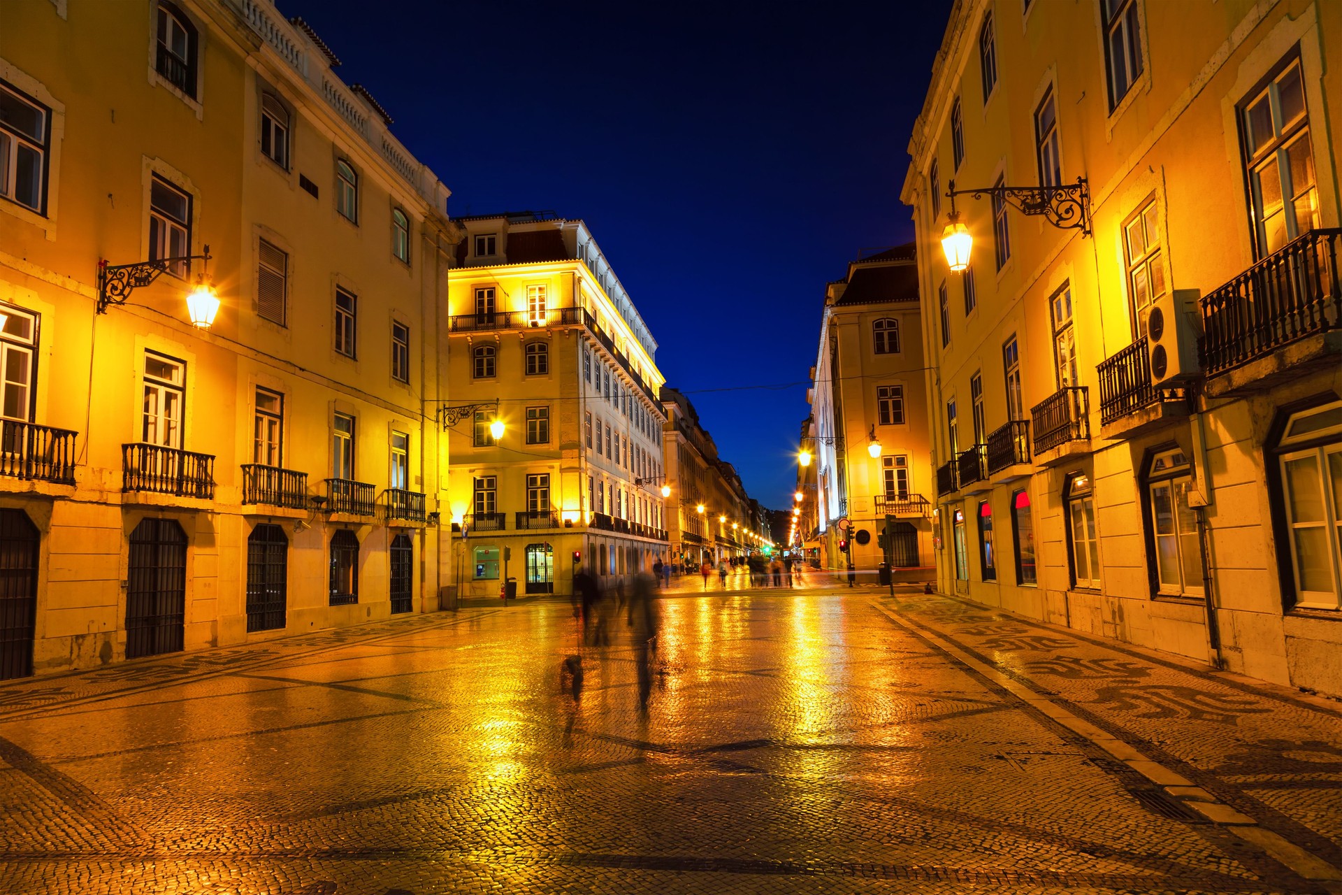 Long exposure shot of a street in Lisbon by night