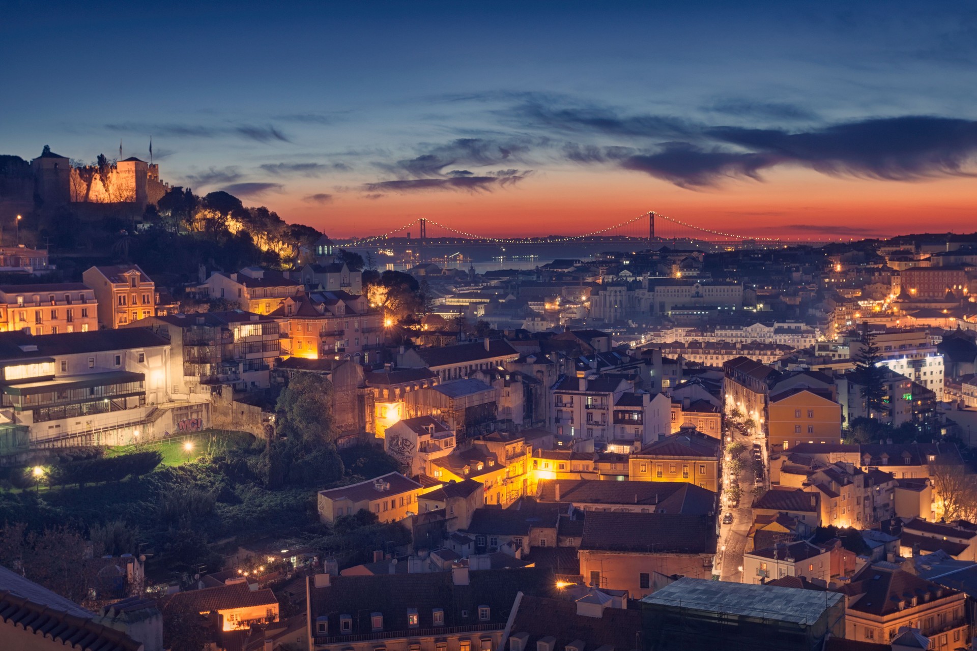 Night falls over Lisbon, Portugal